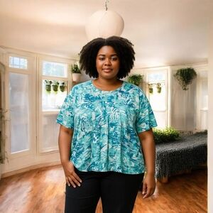 ROAMAN'S Top Teal Patterned 4X